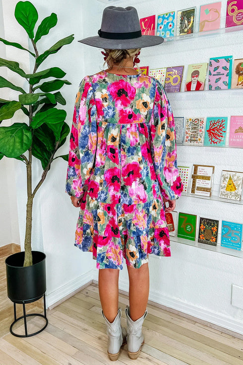 Multi-Color Floral Tie Neck Bubble Sleeve Shift Dress